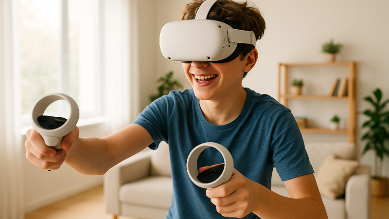 XRヘッドセットでゲームをプレイしている少年のイメージ画像