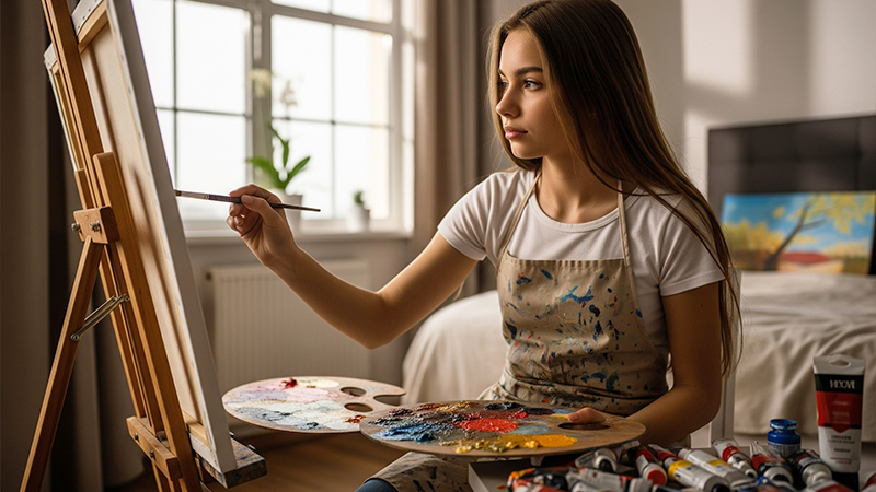 油絵を描く若い女性のイメージ画像