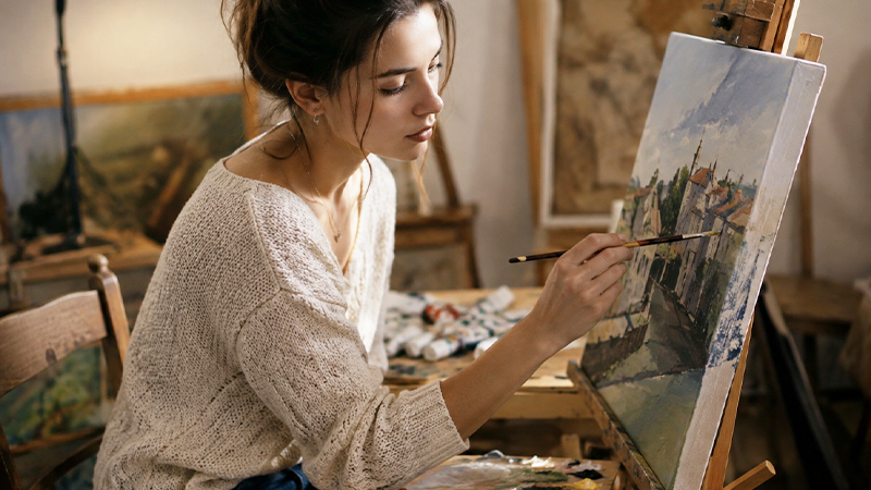 油絵を描く若い女性のイメージ画像