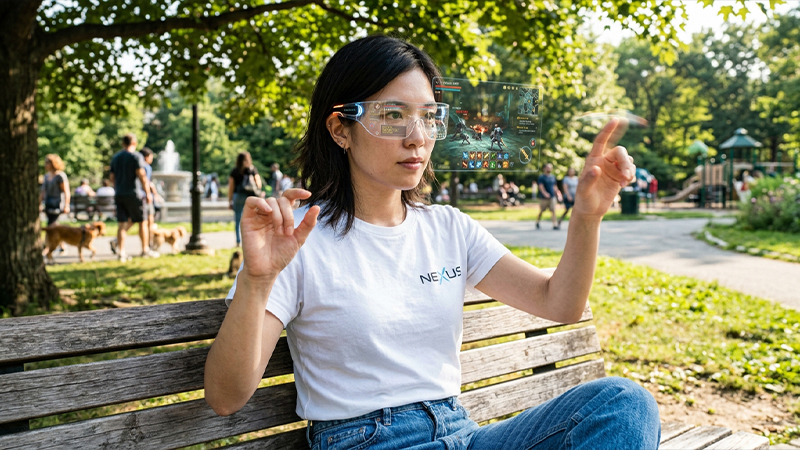 公園でXRデバイスを用いたゲームプレイをしている女性のイメージ画像