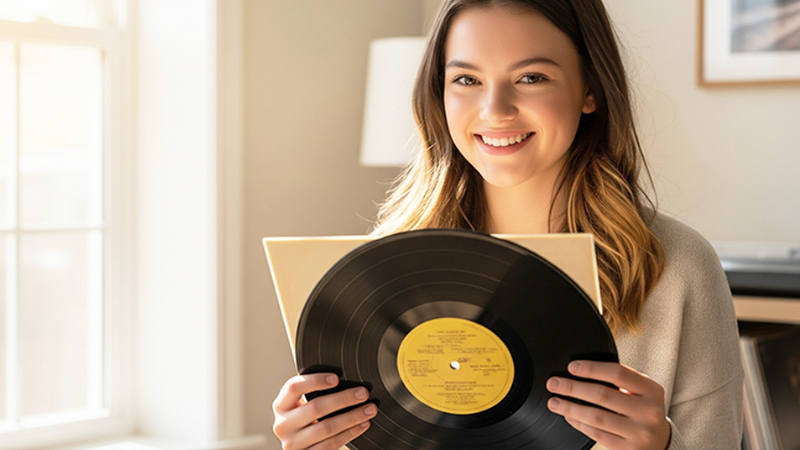 アナログレコードを持つ女性のイメージ画像