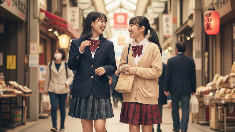 商店街を歩く女子高生のイメージ画像
