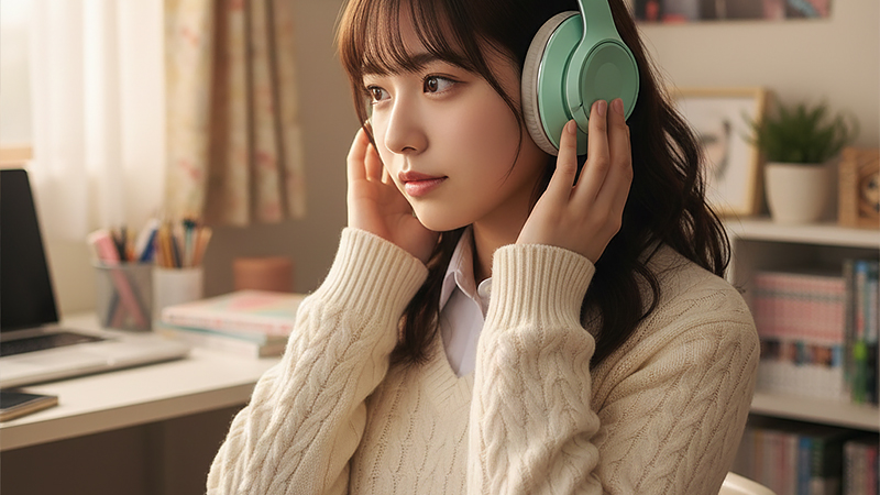 ヘッドホンで音楽を聴いている女性のイメージ画像