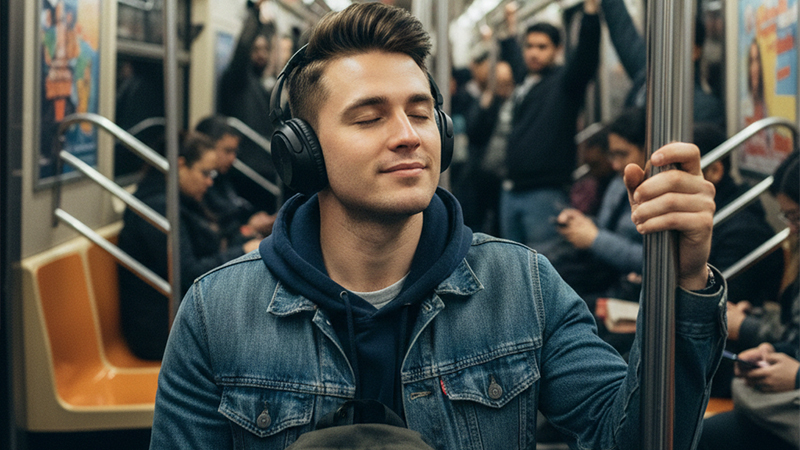 通勤中の音楽を楽しんでいる若者のイメージ画像