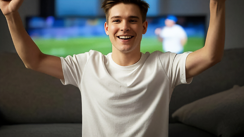 テレビのそばで喜んでいる男性のイメージ画像