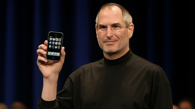 初代iPhoneをプレゼンするスティーブ・ジョブズ氏のイメージ画像