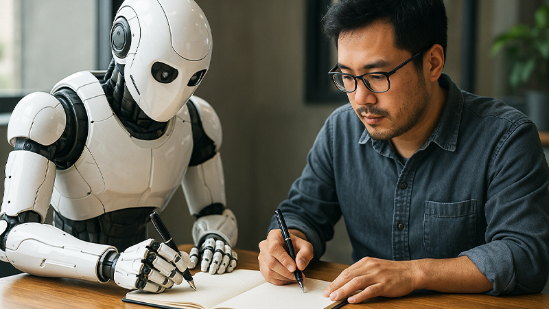 人間とAIが共同作業で翻訳しているイメージ画像