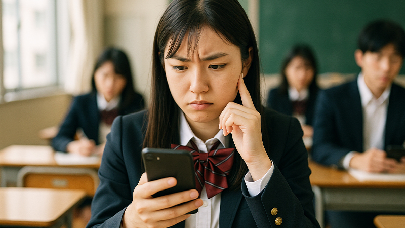 教室内でスマホを見る女子生徒のイメージ画像