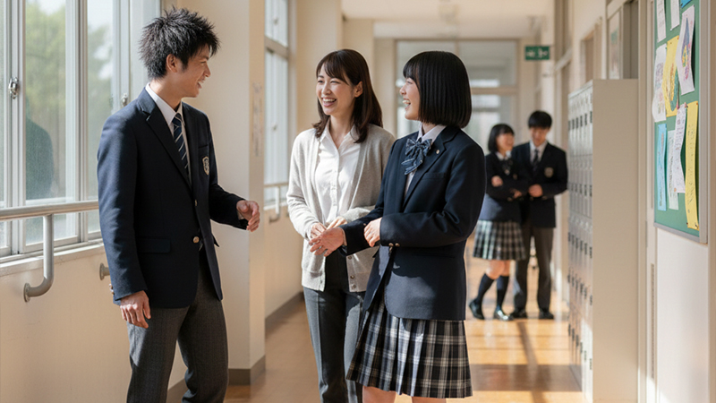 学校で談笑する先生と生徒のイメージ画像