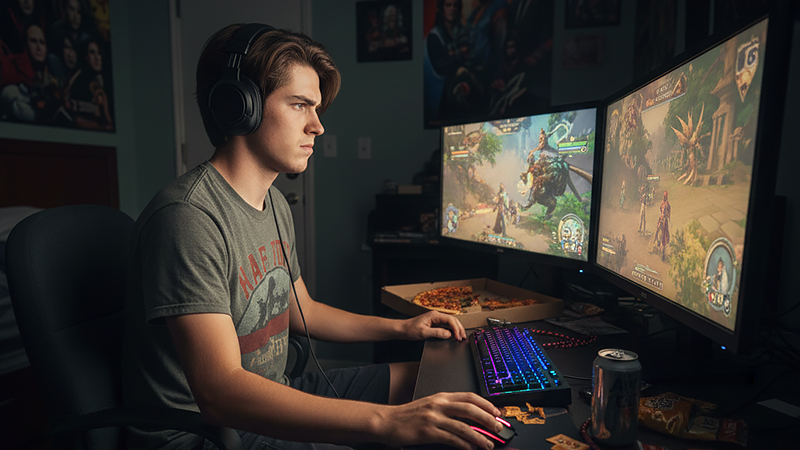 ゲームで遊ぶ青年の画像