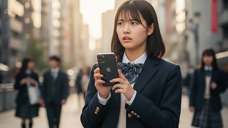 SNSの投稿を疑っている女子高生のイメージ画像