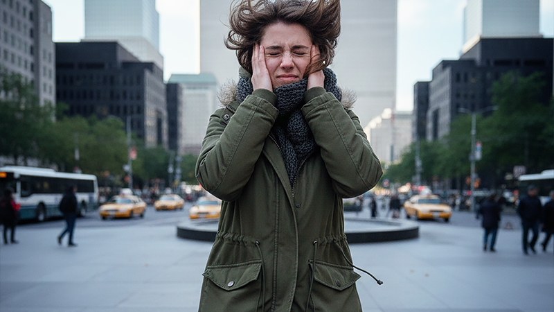 ビル風を受けている女性のイメージ画像