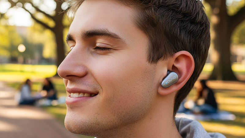 高級イヤホンで音楽鑑賞をしている男性のイメージ画像