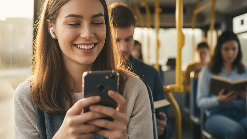 スマホで音楽を聴いている女性のイメージ画像