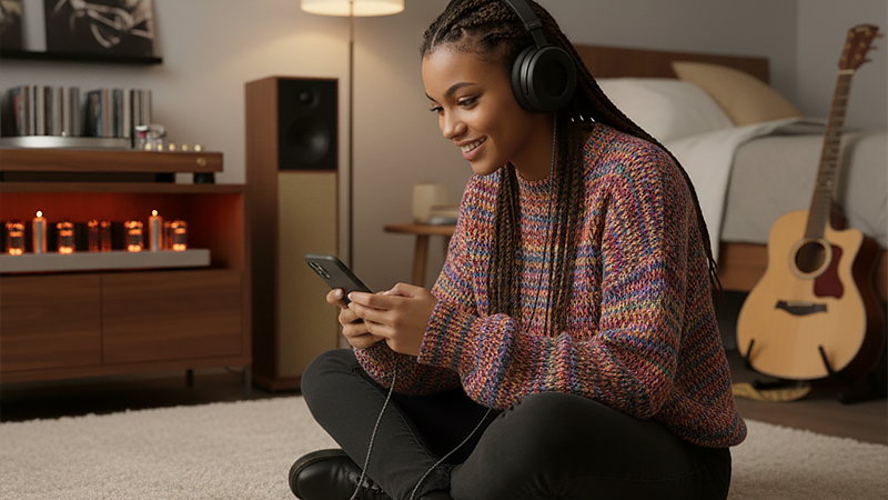 自宅で音楽を楽しむ高校生のイメージ画像