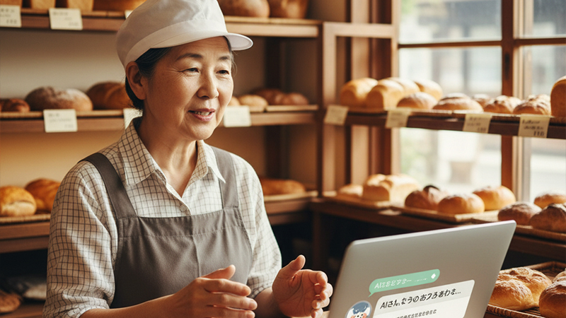 AIパソコンに接しているパン屋の店主のイメージ画像