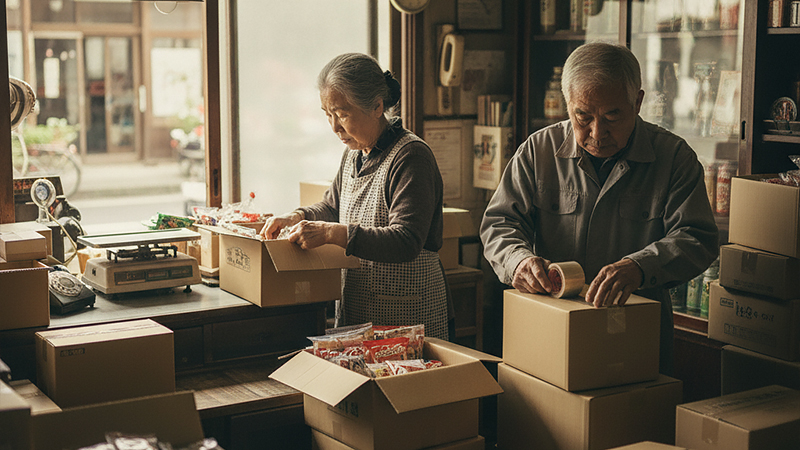 返礼品の発送業を行う老夫婦のイメージ画像