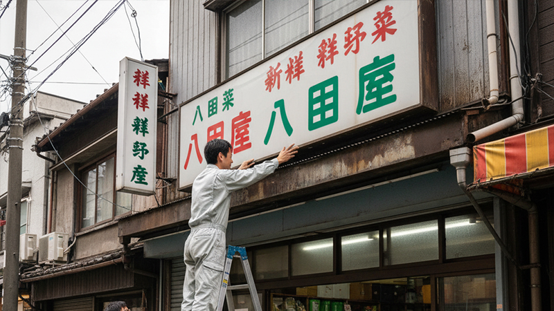 商店街の店舗の看板を取り替えているイメージ画像
