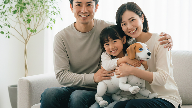 ペットロボットと家族の集合写真のイメージ画像