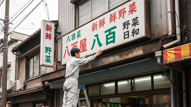 商店街の店舗の看板を取り替えているイメージ画像