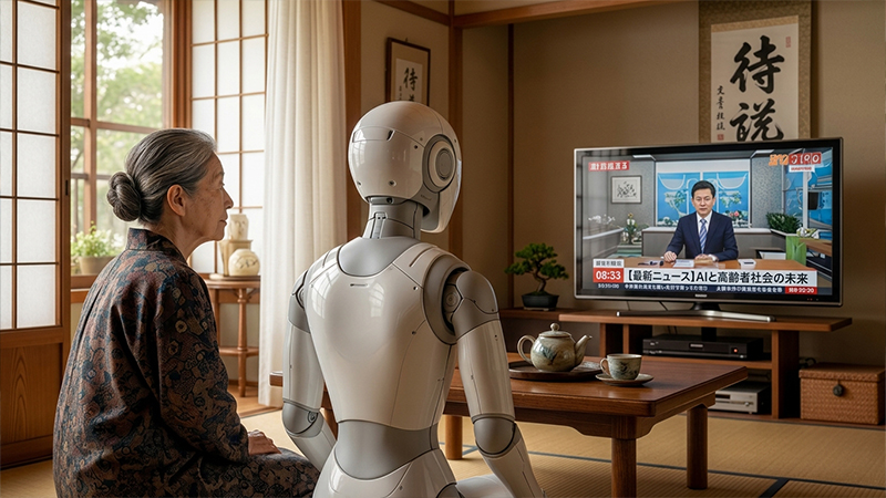 日本の家庭内にAIロボット家族がいる光景のイメージ画像