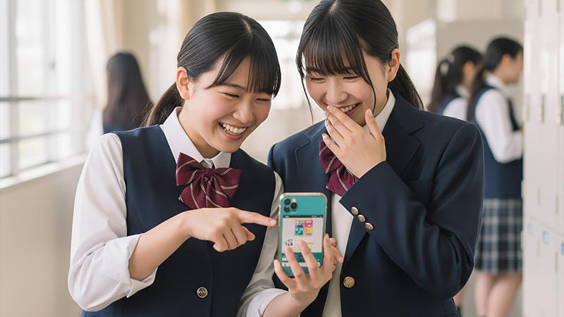 カメラアプリを楽しむ女子高生のイメージ画像