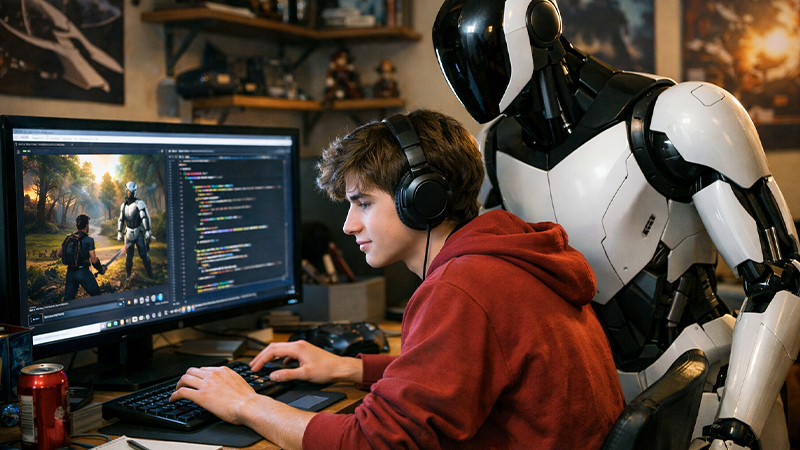 人間とAIが一緒にゲームを開発しているイメージ画像