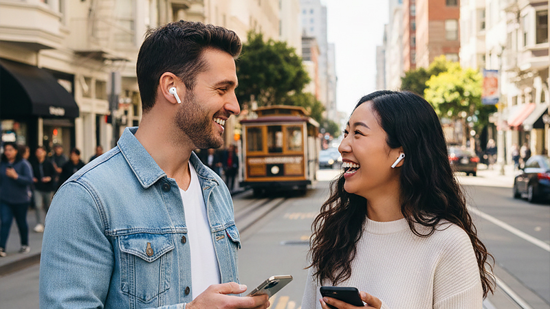 リアルタイム翻訳を楽しんでいる異なる国籍の男女のイメージ画像