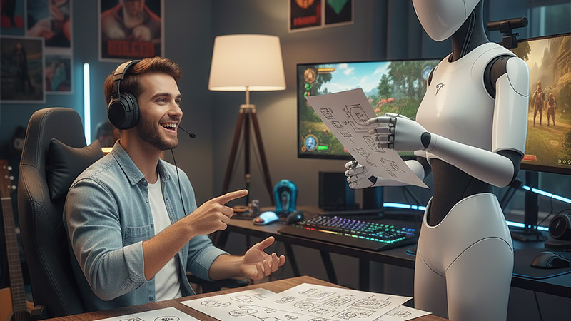 ゲームの構想をAIに伝えている人間のイメージ画像