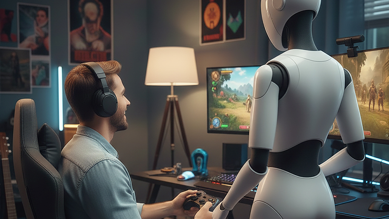 AIが作ったゲームをプレイしている青年のイメージ画像