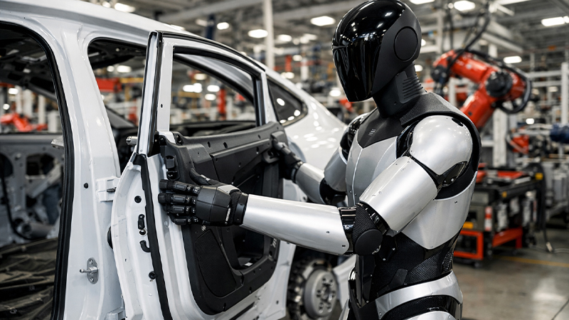 自動車製造工場で働くAIロボットのイメージ画像