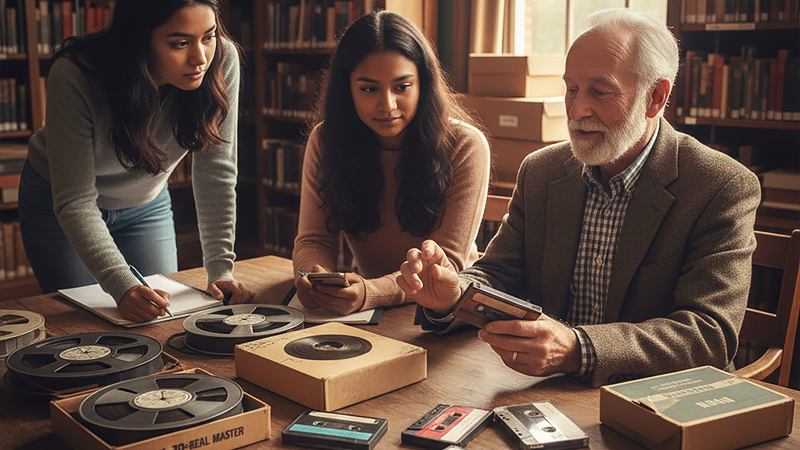 歴史的なテープを紹介している老人とそれを調査する若者のイメージ画像