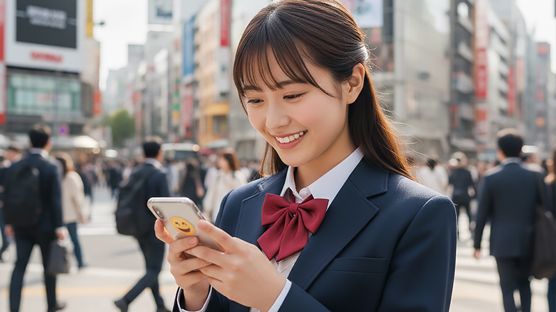 スマホで調べ物をする日本の女子高生のイメージ画像