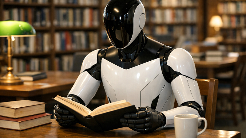 図書館で読書をしているAIのイメージ画像