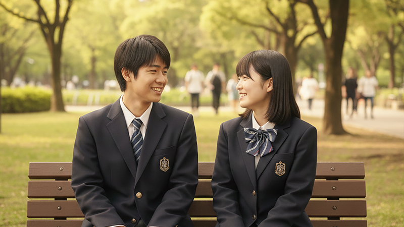 ベンチで談笑する高校生のイメージ画像