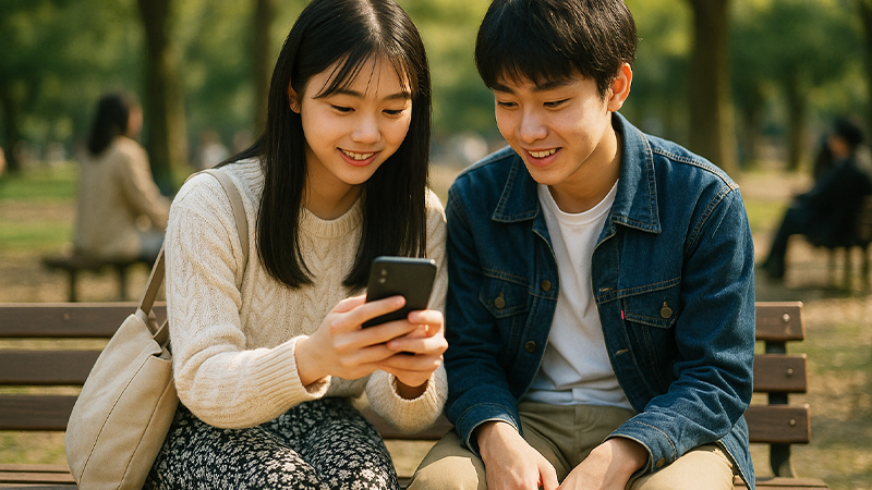 公園で会話を楽しむ若い男女のイメージ画像