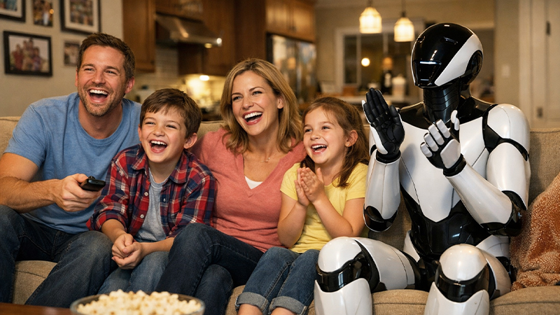 人間の家族に溶け込むAIロボットのイメージ画像