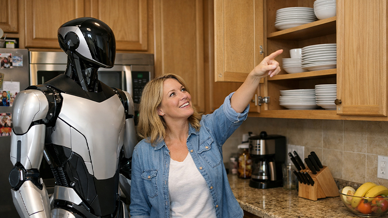 AIロボットにお皿をしまう場所を教えている人間のイメージ画像