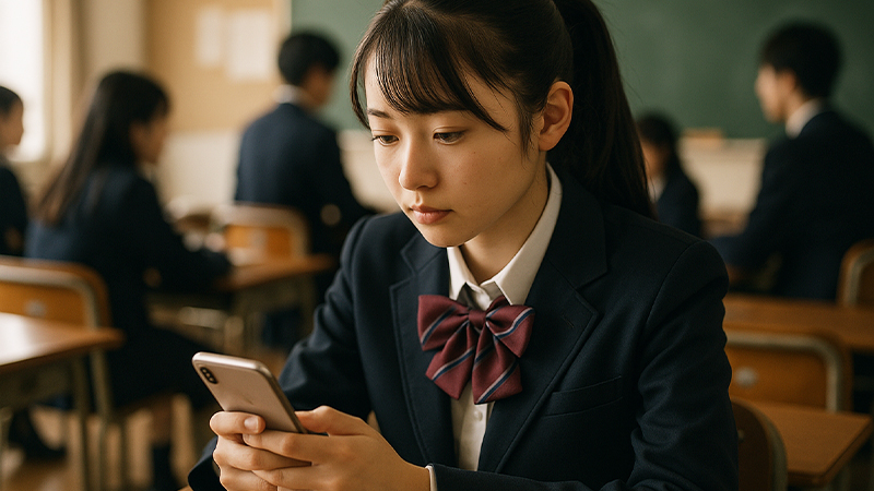 教室でスマホを見ている高校生のイメージ画像