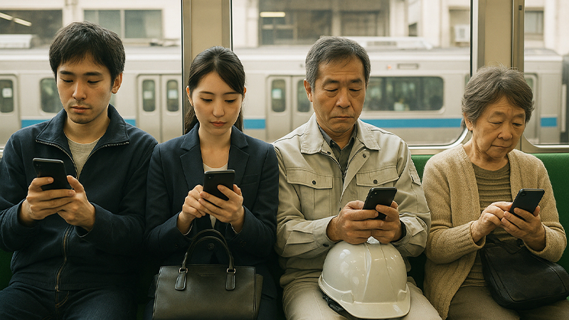 電車内ですスマホ画面を見ている人のイメージ画像