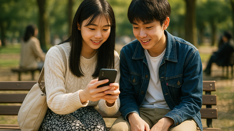 公園でスマホを見ている男女の高校生のイメージ画像