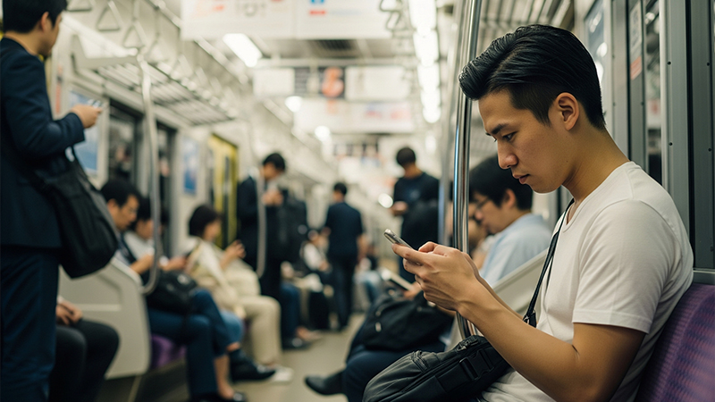 電車内でスマホを見ている男性のイメージ画像
