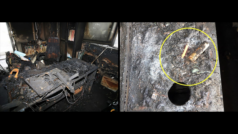 無人の事務所で充電中の携帯扇風機が出火した火災現場の写真
