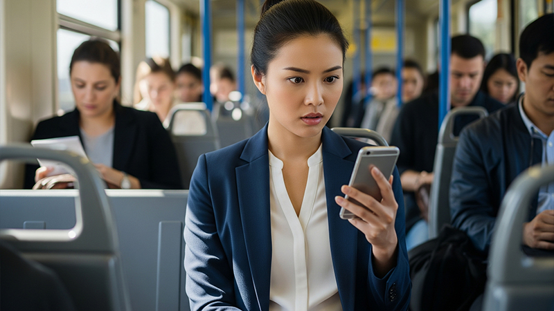スマホの情報で驚く女性のイメージ画像