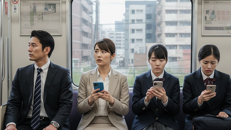 電車内で緊急地震速報が流れた瞬間のイメージ画像