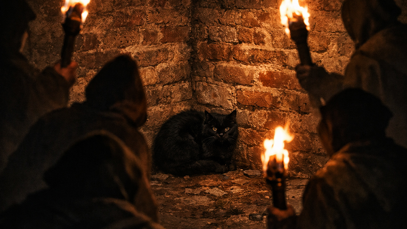 村人に追い詰められる黒猫のイメージ画像