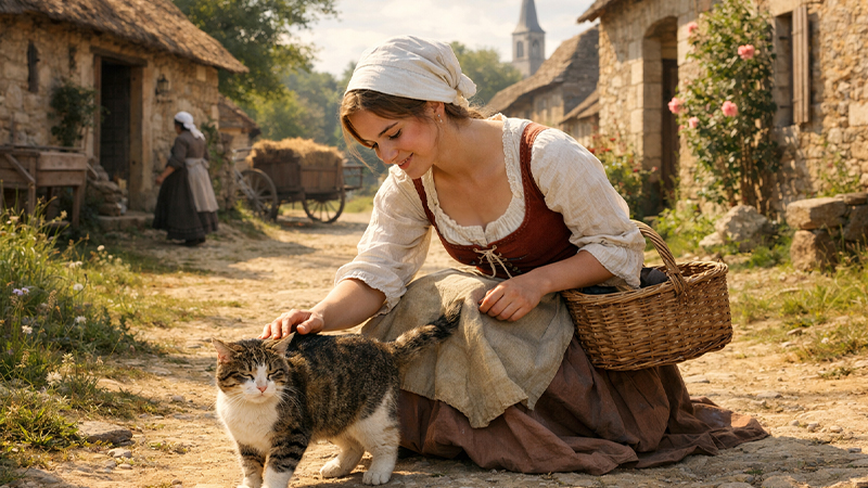猫と触れ合うフランス人女性のイメージ画像