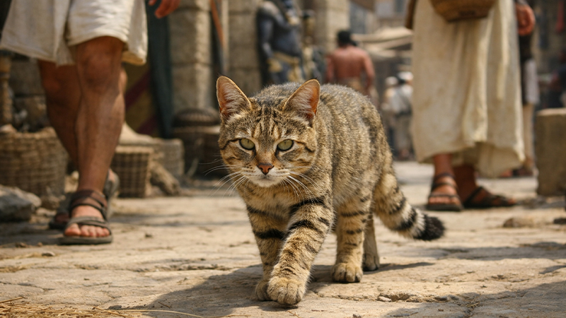 エジプトの街並みを歩くリビアヤマネコのイメージ画像