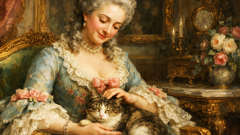 猫を愛でる貴族女性のイメージ画像