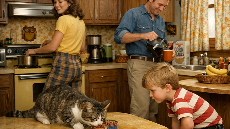 1970年代のアメリカの家庭と猫のイメージ画像
